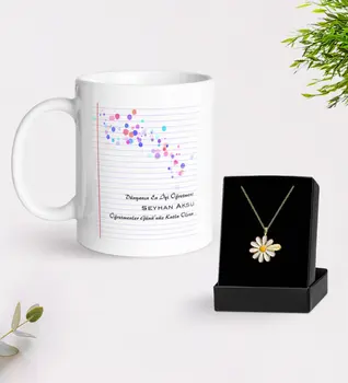 

Personalized World Best Teacher White Mug and Daisy Necklace Gift Seti-28