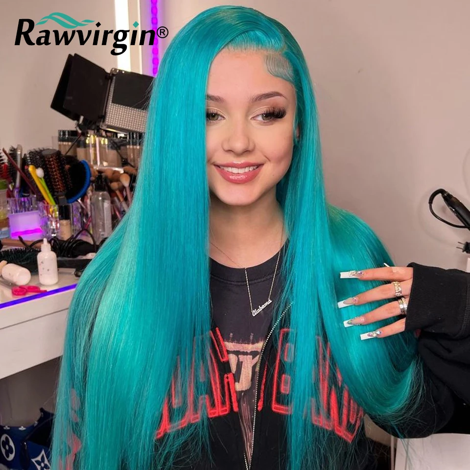 Perruque Lace Front Wig Body Wave Naturelle Lisse, Cheveux Humains, Vert Menthe, Bleu, Deep Wave, Transparent HD, pour Femme