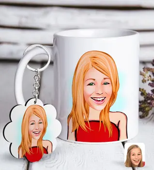 

Personalized Women 'S Caricature Of White mug And Keychain Gift Seti-33