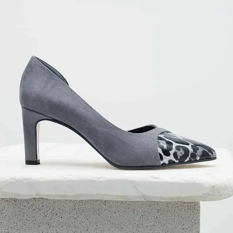 Mio Gusto Brand FRANCES, 6Cm Short Heel, Gray and Black Colors, Leopard Patterned Suede, high Quality, Women's Stiletto Pumps.