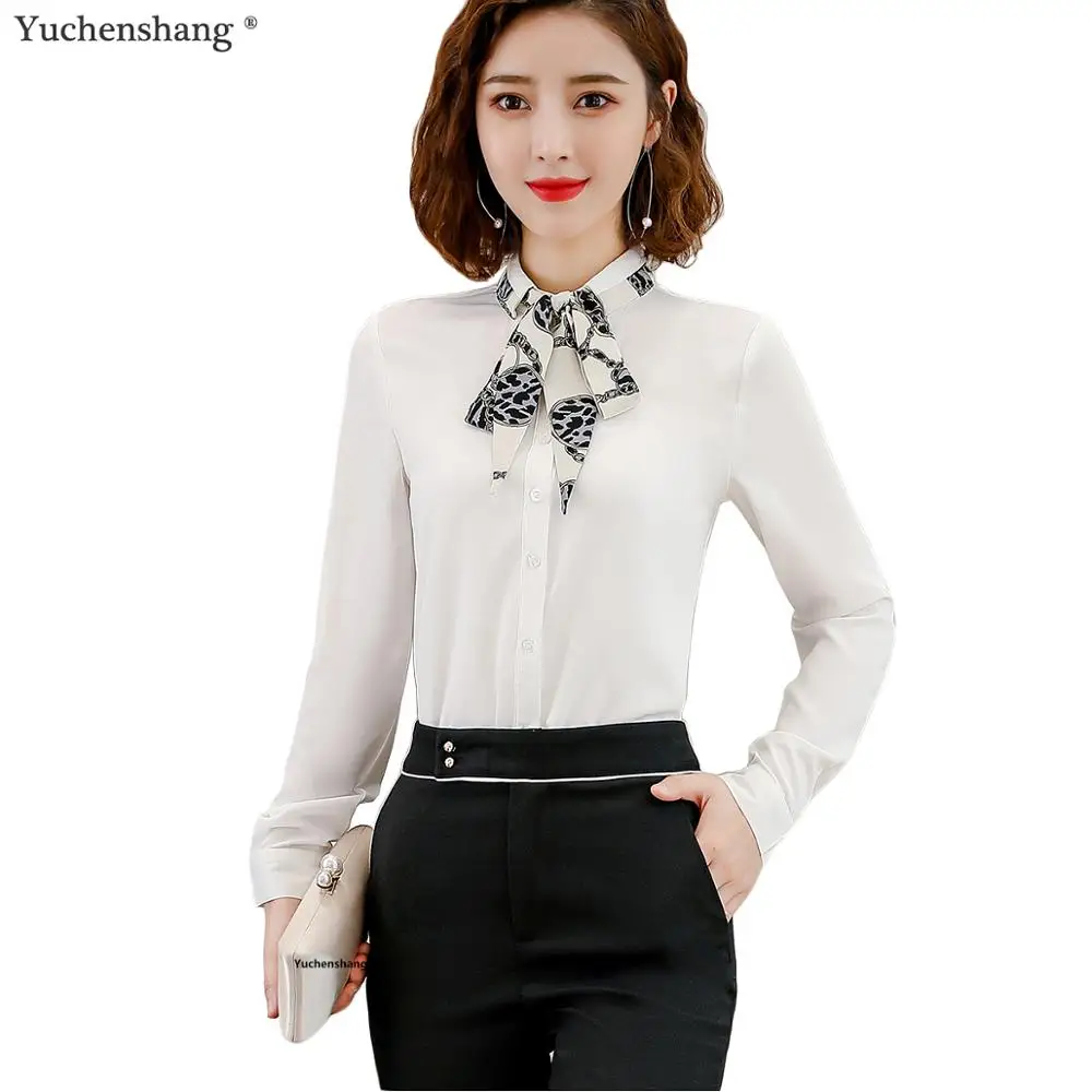 Женская блузка с длинным рукавом и отложным воротником|collar shirt|shirt with bowwhite blouse |