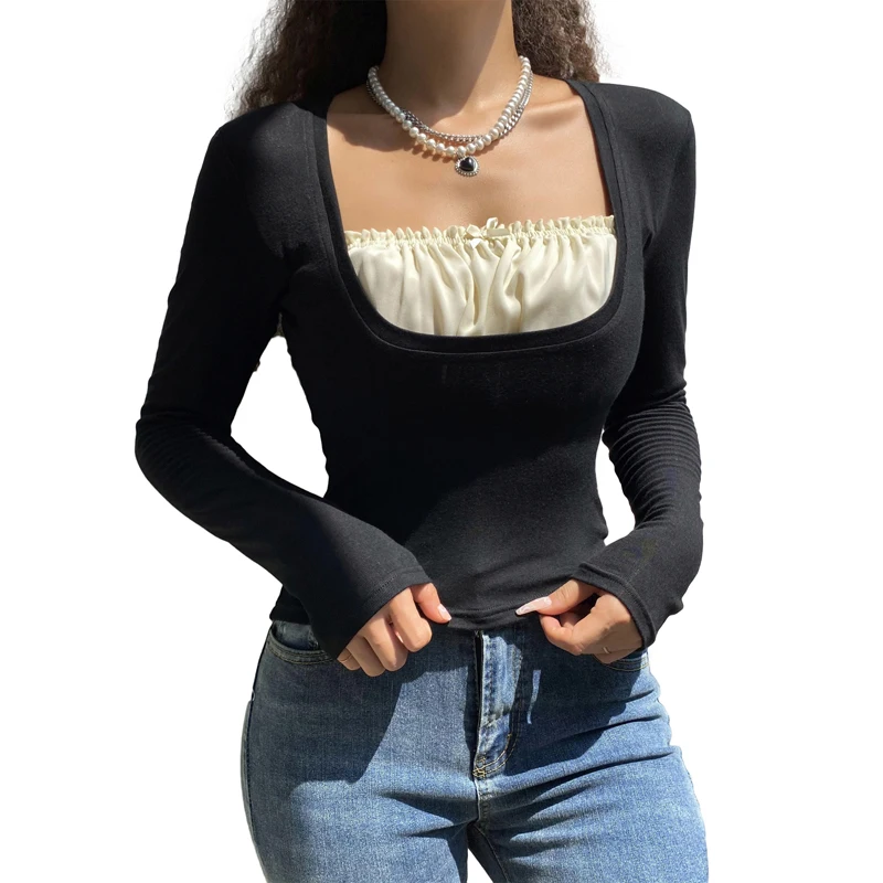 Korean Cute Y2K Retro Cotton Tops Lace Patchwork Buttons Kawaii Tshirts Autumn Square Collar Chic Casual Shirts