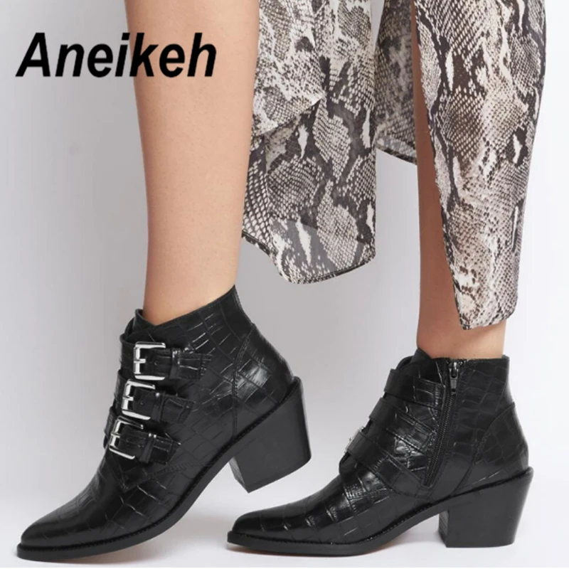 

Aneikeh 2020 Spring/Autumn Fashion Metal Buckle Motorcycle Boots Women Sexy Lady Pointed Toe Ankle Boot Shoes Thick Heel black