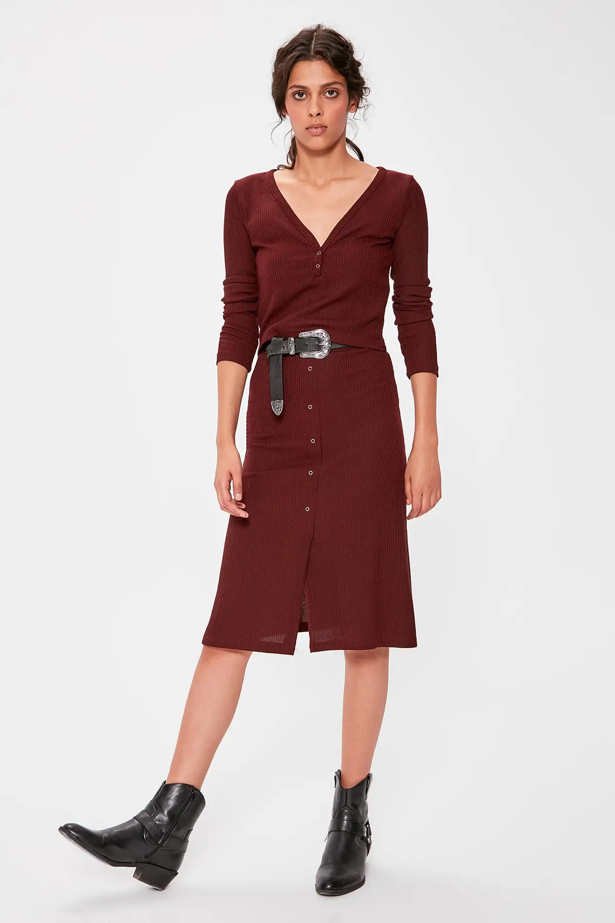 

Trendyol Burgundy Button Detail Knitted Skirt TWOAW20ET0322