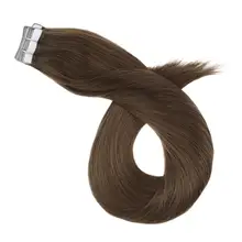 Накладные волосы на клею, натуральные человеческие волосы, каштановый коричневый цвет, 12-24 дюйма, прямые накладные волосы на ленте, настоящие волосы