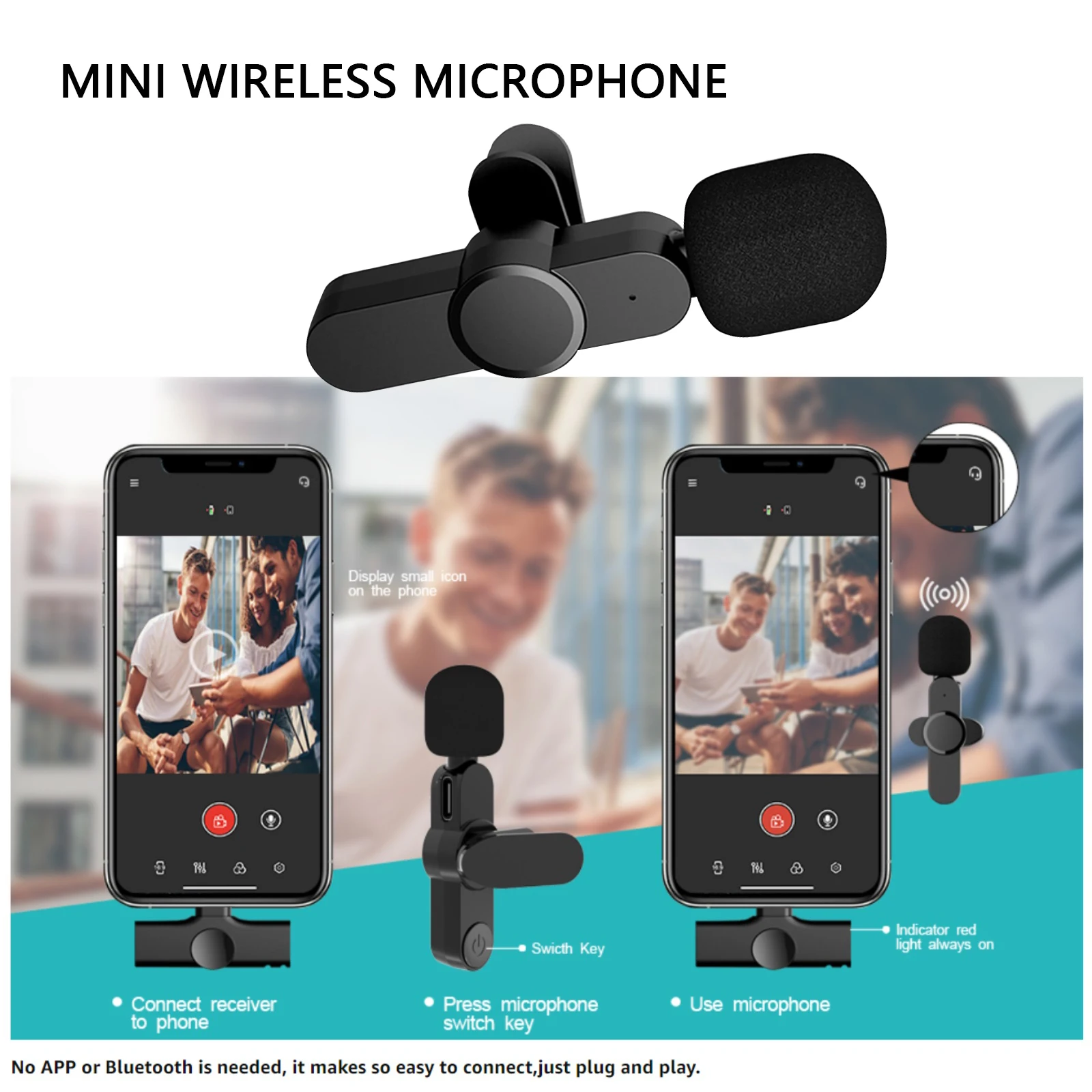 Micrófono de transmisión en vivo recargable, sistema con micrófono inalámbrico USB C, grabación de vídeo para teléfono móvil tipo C