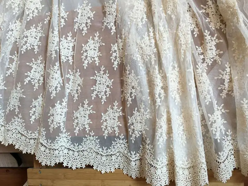 

Кружевная ткань цвета слоновой кости с цветочным рисунком в стиле ретро, Сливочная хлопковая кружевная ткань, Сетчатое кружево с вышивкой, 1 ярд