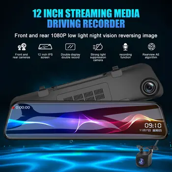 

12'' IPS Rearview Stream Media Car DVR 1080P Full HD Night Vision USB Registrar G-Sensor Dual Camera Auto Dashcam Accessories