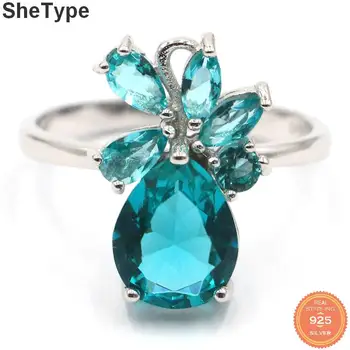 

17x12mm SheType 3.1g Created Rich Blue Aquamarine Gift For Ladies Real 925 Solid Sterling Silver Rings
