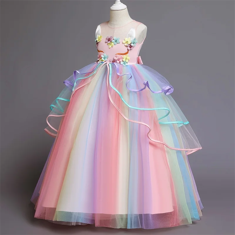 Princess Party Dress Unicorn Birthday Children Clothing Appliques Wedding Gown Kids Dresses for Girls Floral Elegant Vestidos