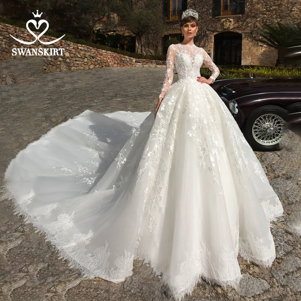 

Swanskirt Luxury Long Sleeve Wedding Dress 2019 Appliques Ball Gown Chapel Train Bridal gown Plus size Vestido De Noiva N120