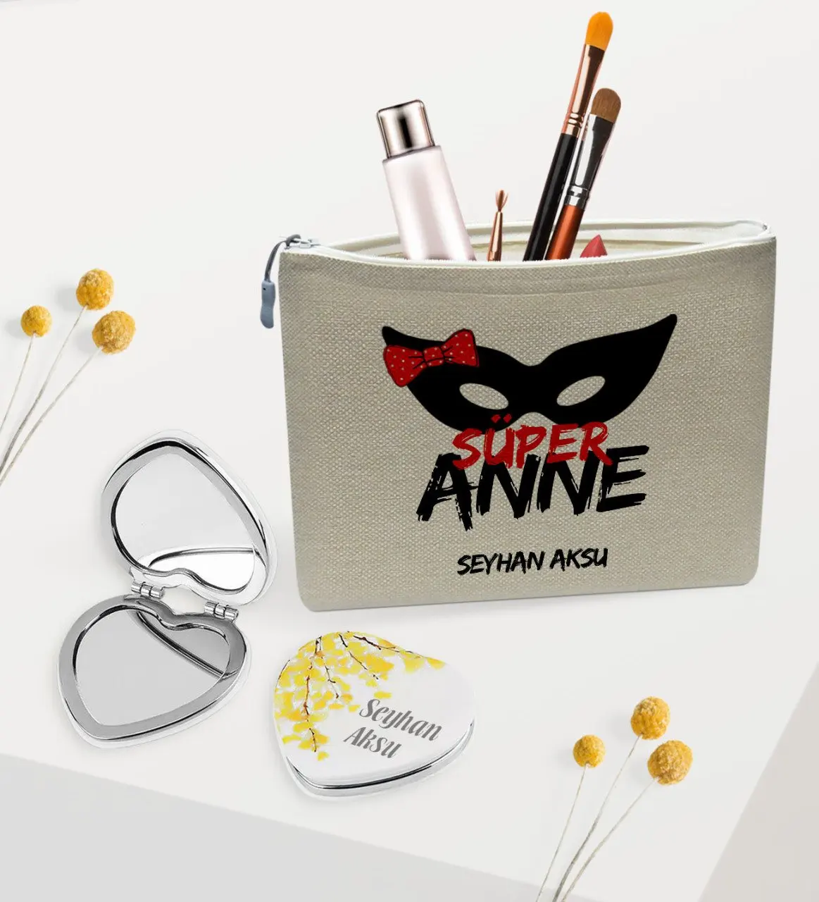 Personalized Super Mom Linen Makeup Bag and Heart Mirror Gift Seti-1 | Дом и сад