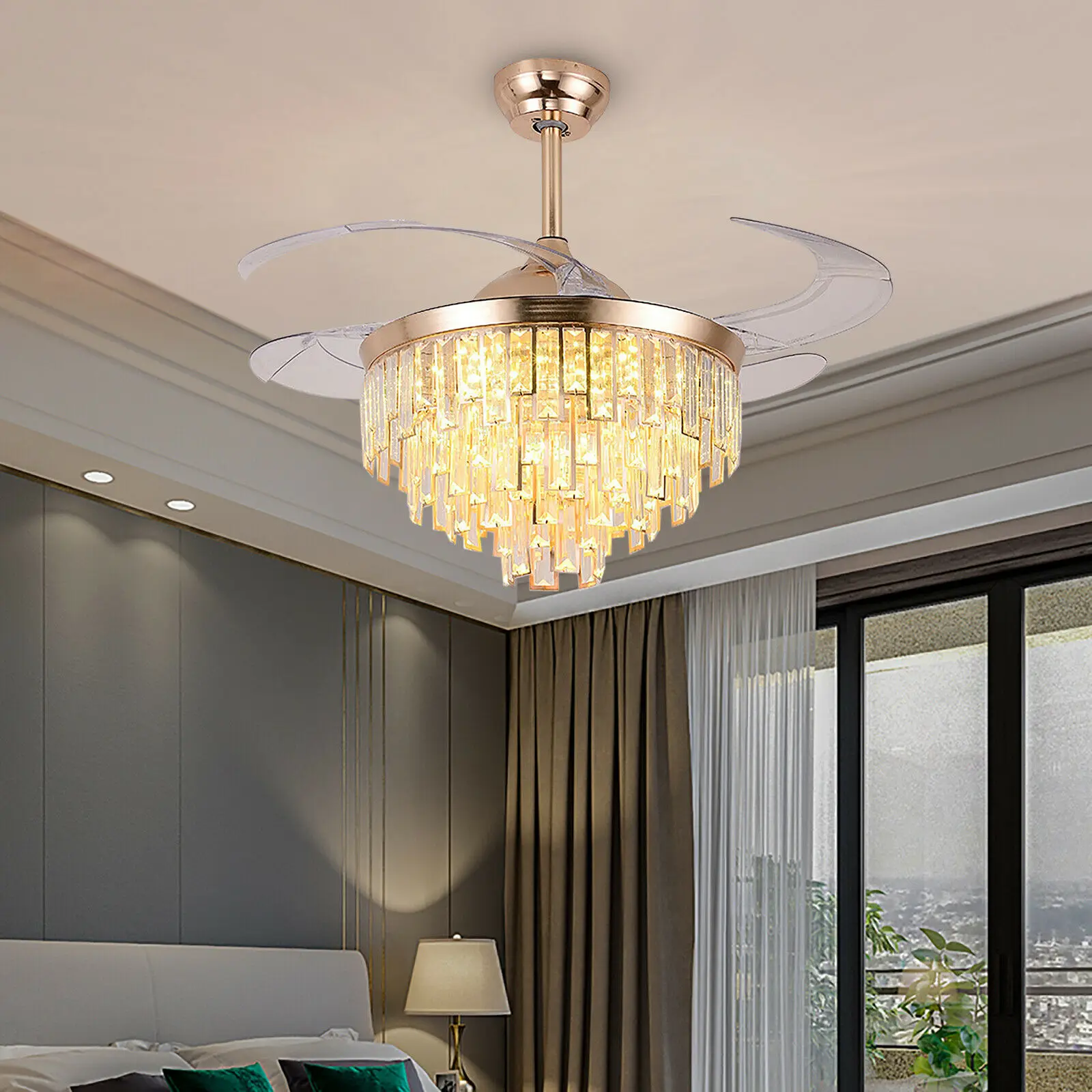 OUKANING 42'' Modern Crystal Dimmable LED Ceiling Light Chandelier Lamp With Fan + Remote for Home Application
