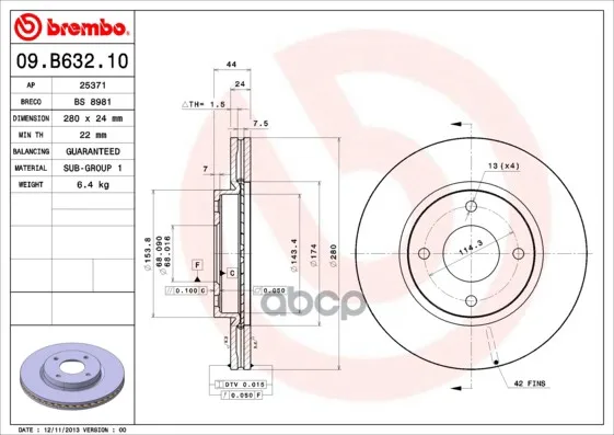 Диск Тормозной Передн, Nissan: Cube 07-, Tiida 04-11, Tiida 07-, Tiida 06- Brembo арт. 09.B632.10