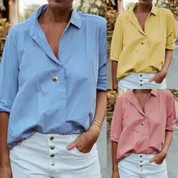 2019 осенняя и зимняя модная женская рубашка сплошной цветной лацкан большой размер рубашка с длинными рукавами