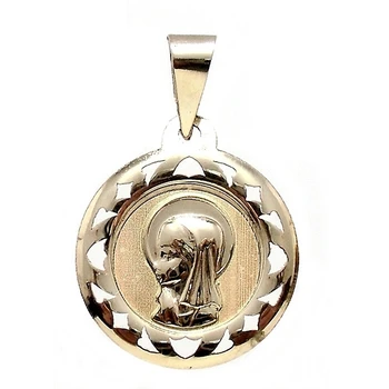 

Medal pendant 9k gold Virgin Girl 18mm. Round fence forms openwork center carved