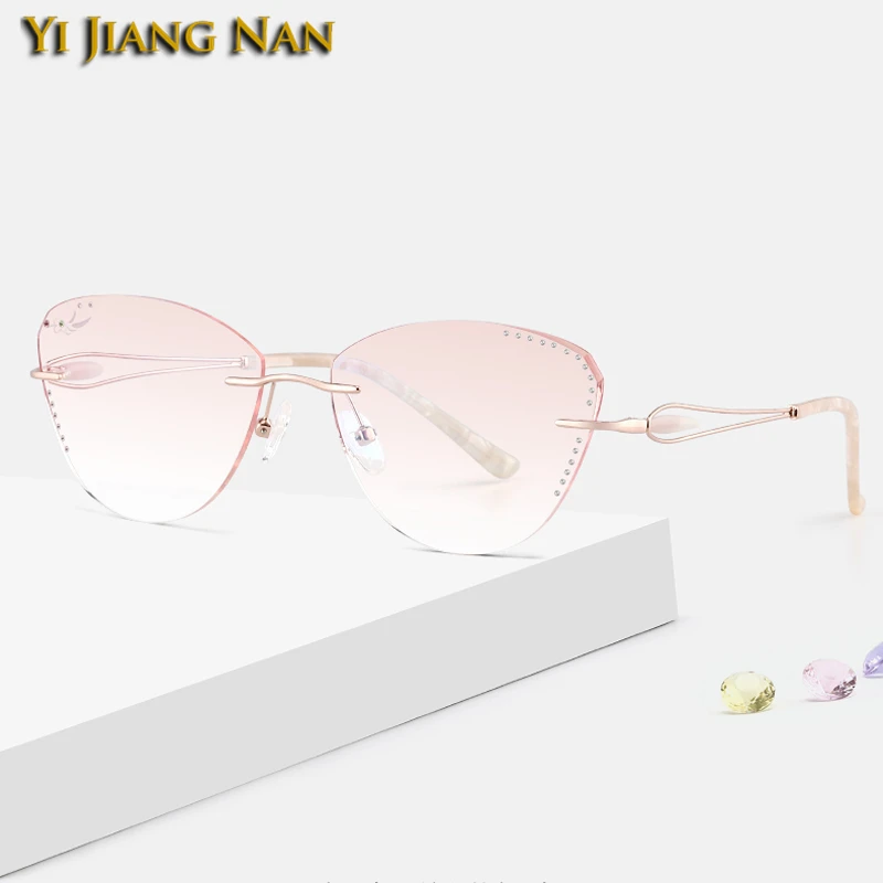

Titanium Cat Eye Diamond Cutting Engraved Flower Rhinestones Rimless Optical Glasses Frame Women Eyeglasses Prescription Eyewear