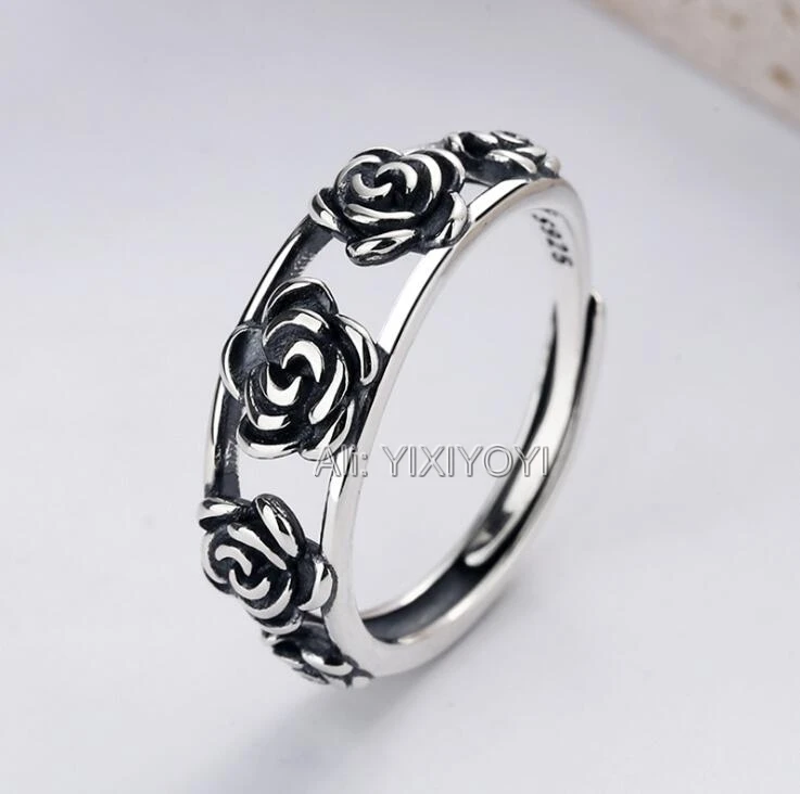 

YIXIYOYI 925 Sterling Silver Vintage Chinese Rose Flower Hollow Lucky Rings Open Retro Cute Charm Gift Rings Thai Silver Jewelry