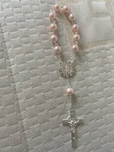 Perla de imitación de cuentas católica Rosario Católico comunión color plata alas colgantes del Crucifijo pulsera lindo regalo