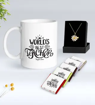 

Personalized World Best Teacher White Mug Chocolate and Is Daisy Necklace Gift Seti-30