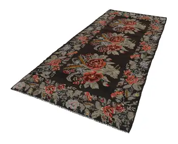 

162x367 Cm Black Handmade Rose Rug Runner Rug-5x12 Ft