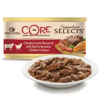 

Wellness core cons/cats signature selects, appetizing pieces of beef and chicken. fillet in sauce, 79G-12 PCs.