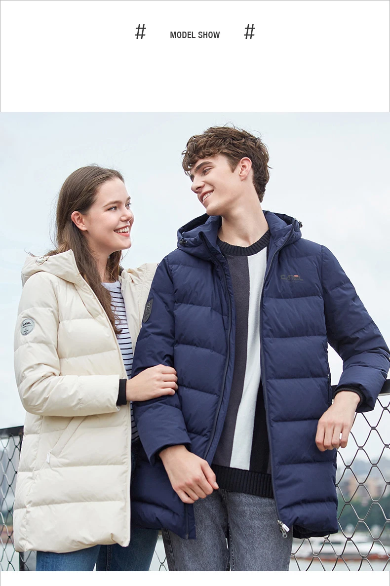 Camel/пара пуховых курток для мужчин и женщин; зимнее ветрозащитное теплое пальто на молнии с капюшоном из 80% белого утиного пуха; Походное Свободное длинное пальто; XXXL