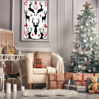 

Tapestry Berries Leaves Tree Branches Reindeers Horns on Bright Background Christmas Decorating Artwork Printed Red White Black