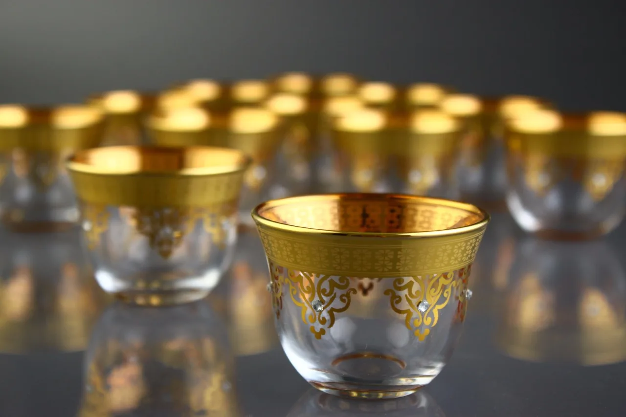 

Gold Plated Glass Arabic Coffee-Mirra Cups For Six Person