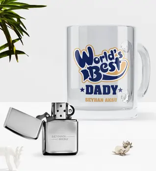 

Personalized World Best Father Glass Mug Cup Gasoline Metal Lighter Seti-3