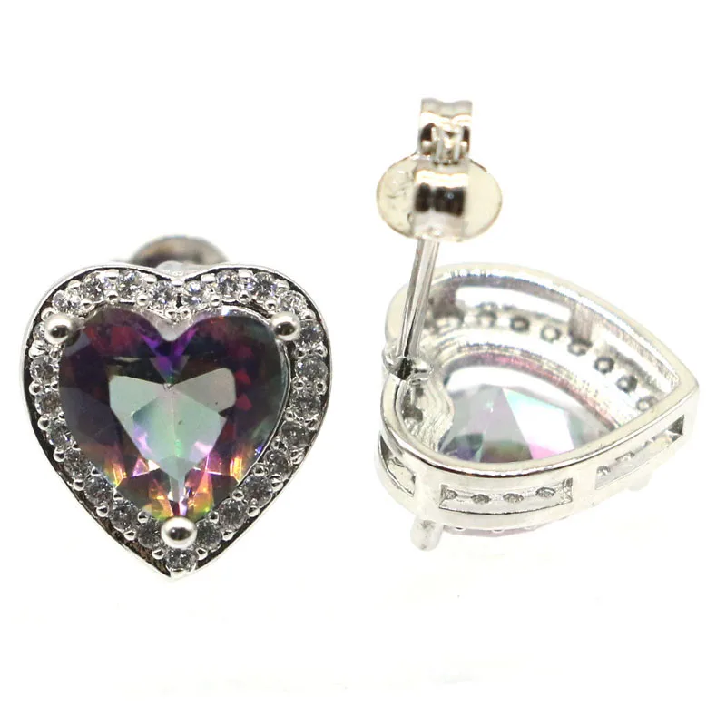 Сережки в форме сердца 11x11mm SheCrown Fire Rainbow Mystic Topaz CZ|925 silver earrings|vintage bigwedding gold earrings |