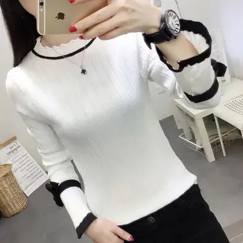 

Women Knitted Sweater Skinny Bell Sleeve Short Long Sleeve Shirt Student Fashion Bow Tight Autumn Winter Sweater New