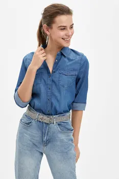 

DeFacto Woman Spring Denim Shirt Women Casual Blue Shirt Women Stylish All-match Denim Shirts-L3567AZ20SP