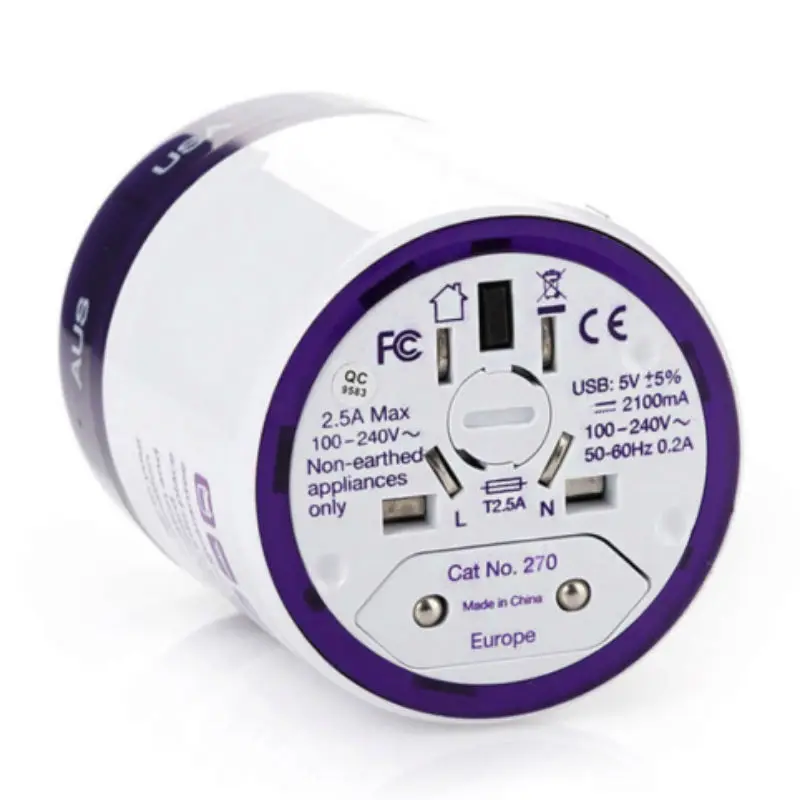 Универсальный адаптер-переходник с 2xUSB-портами для зарядки Travel Blue Sliding Adaptor(270) цвет Фиолетовый
