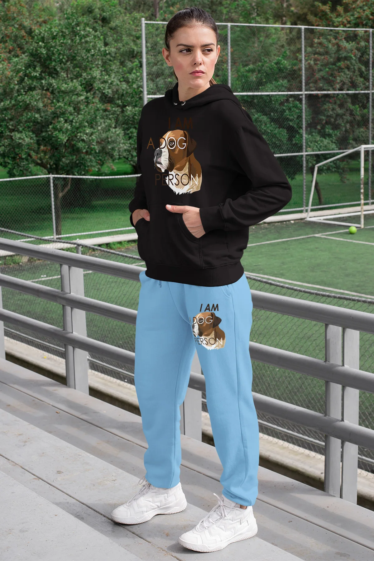Angemiel Wear I Am A Dog Person Women Tracksuit Set Black Hooded Sweatshirt Blue Sweatpants |