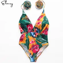 Женский цельный купальник винтажный цветочный принт Монокини сексуальный глубокий v-образный вырез без спинки Монокини с высоким вырезом Женская пляжная одежда лето
