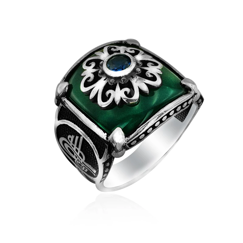 

925 Silver Flower Printed Agate Men Ring