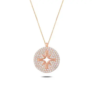

Angemiel 925 Silver Zircon Stone Compass Necklace-Rose Gold Plated