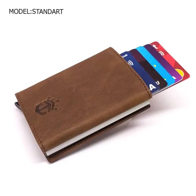 Smart Wallet Business Card Holder Real Cow Leather Handmade Smart Automatic Card Holder Men Gift Standart Coffee