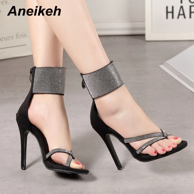 Aneikeh/ г.; обувь; женские босоножки на высоком каблуке с открытым носком; блестящие сандалии с перекрестными ремешками на лодыжке; туфли-лодочки; летние модельные туфли для вечеринок - Цвет: black