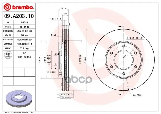 Диск Тормозной Передн Toyota: Hiace Iv Wagon 95-, Hiace Iv Фургон 95- Brembo арт. 09.A203.10