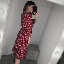Autumn Winter Dot Bandage Dress Women Casual Ruffles V Neck High Waist Slim Print Long