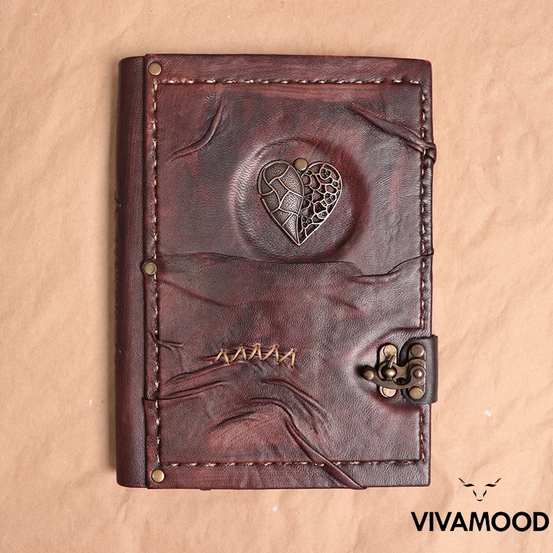 

Vintage Leather Journal & Notebook Heart Embossed Notepad - Leather Diary With Lock - Poetry Leather Book - Travel Journal Book