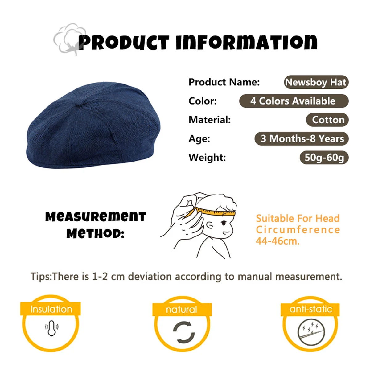 Baby Boys Newsboy Hat Kids Herringbone Flat Cap Infant Retro Beret Accessories Toddler Felt Soft Lining Thick Warm Hat