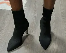 Aphixta-Botas de tacón de hoja de Metal para mujer, Botines de tacón de aguja, de tela elástica, puntiagudas