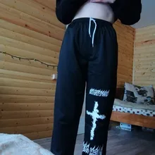 QWEEK-pantalones de pierna ancha estilo Punk Hippie para mujer, ropa de calle Harajuku gótico, estilo de calle de Anime, estampado gótico negro, Hip Hop