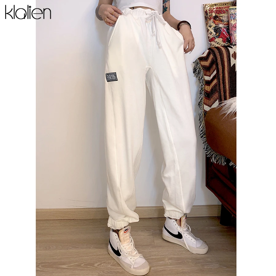 

KLALIEN fashion high street casual sport pant women white high wasit Drawstring loose female Harem Pants cotton women trousers