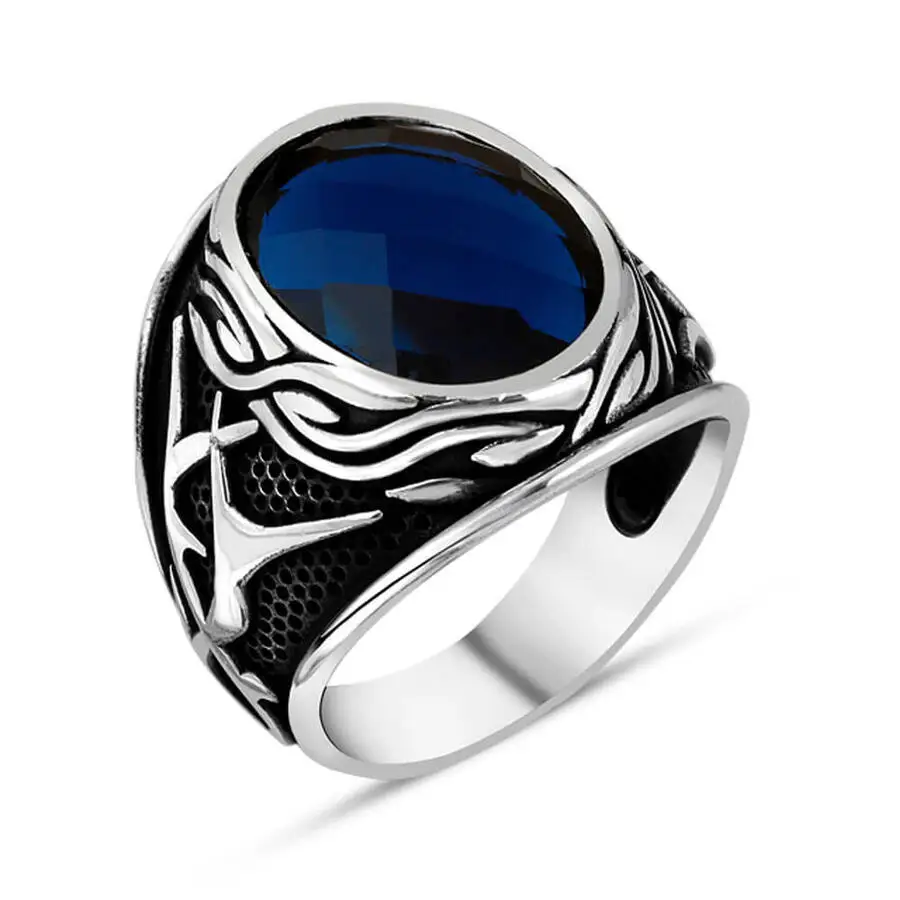 

Men Silver Ring With Oval Blue Zircon Stone and Modern Motif Made In Turkey Solid 925 Sterling Silver