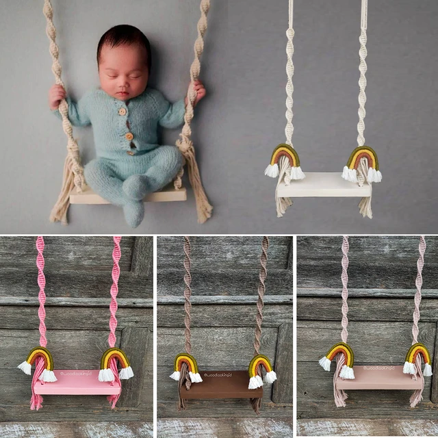 Altalena in legno neonato puntello in posa giocattoli naturali altalena  Vintage arcobaleno Macrame Boho fotografia per bambini Shootsession aiuto  in posa - AliExpress