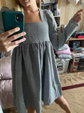 Plaid Dress Puff-Sleeve Square Collar Bclout Black White Sexy Vintage Autumn Casual Woman